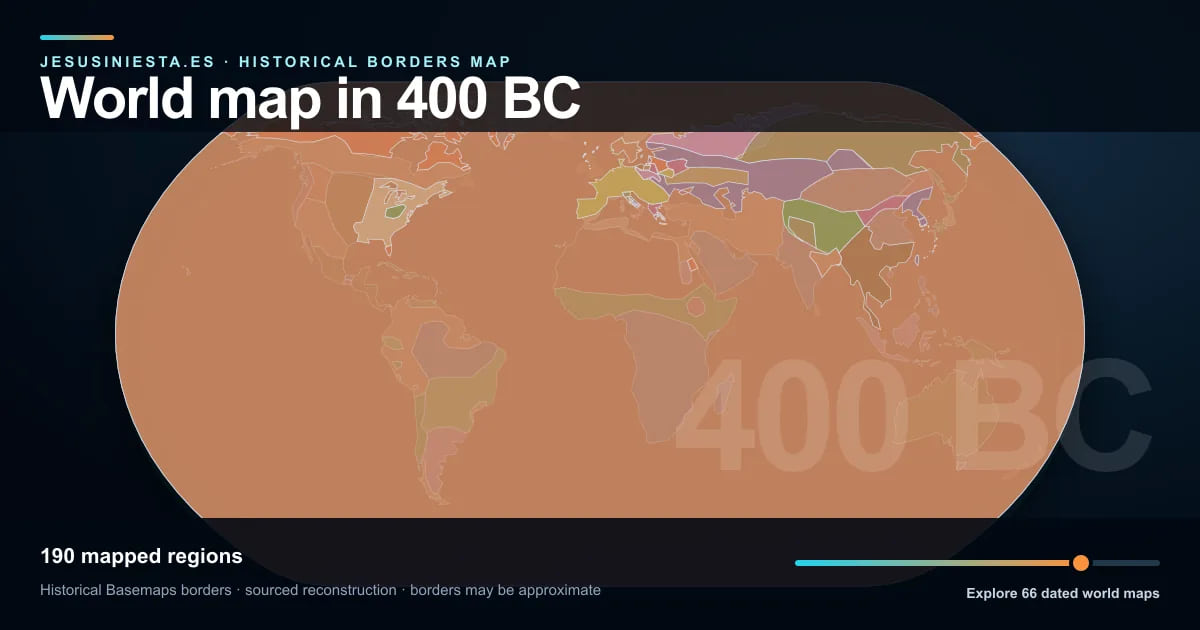 Historical world map reconstruction showing mapped regions in 400 BC