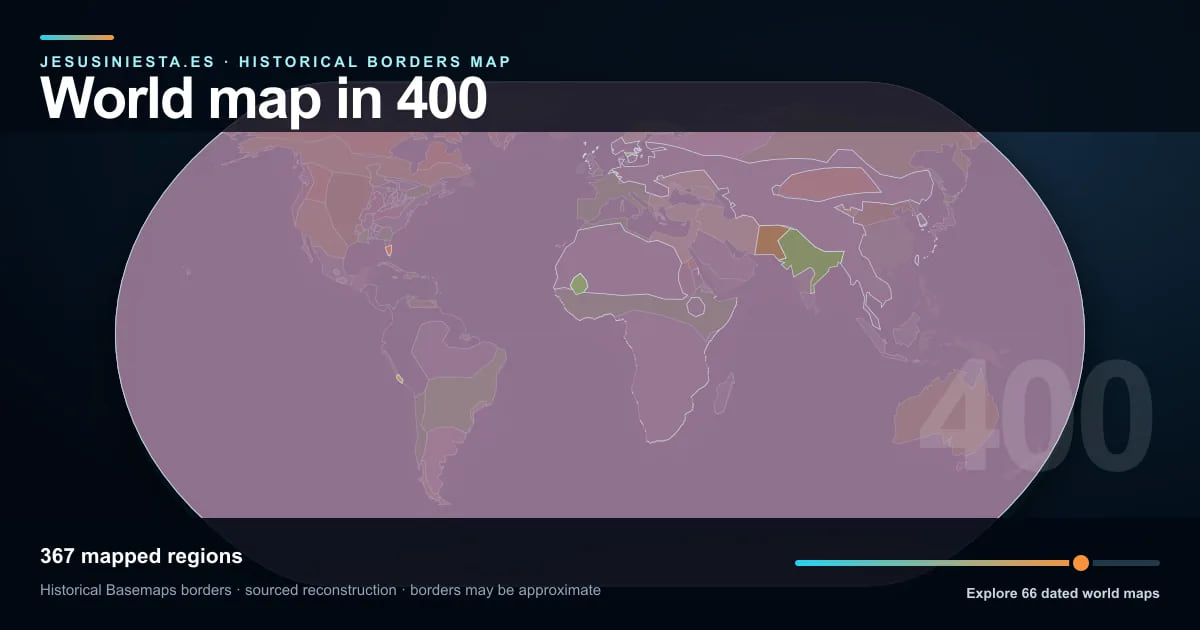 Historical world map reconstruction showing mapped regions in 400