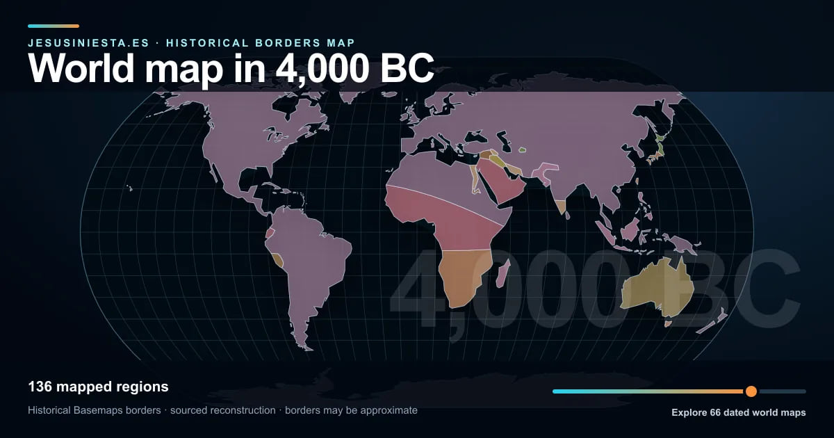 Historical world map reconstruction showing mapped regions in 4,000 BC