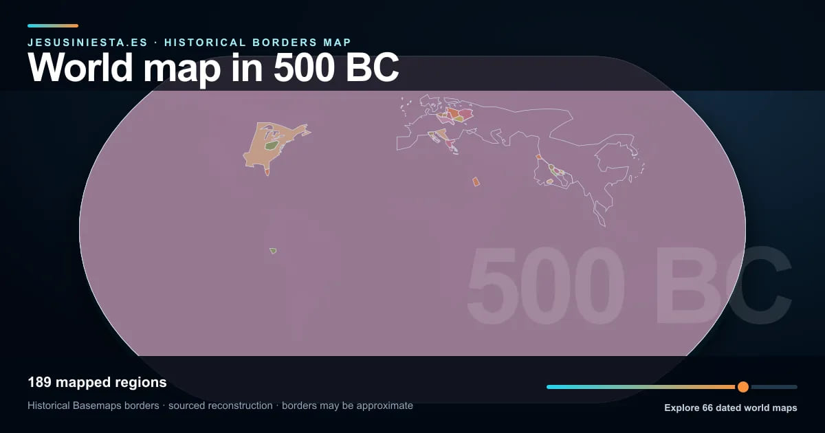 Historical world map reconstruction showing mapped regions in 500 BC