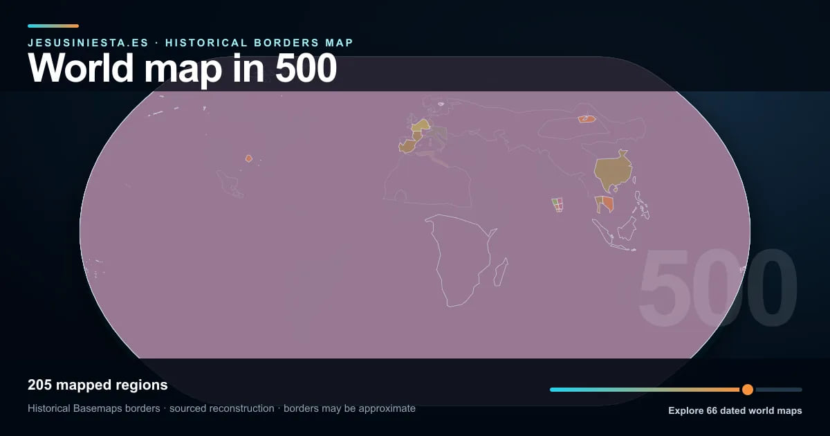 Historical world map reconstruction showing mapped regions in 500