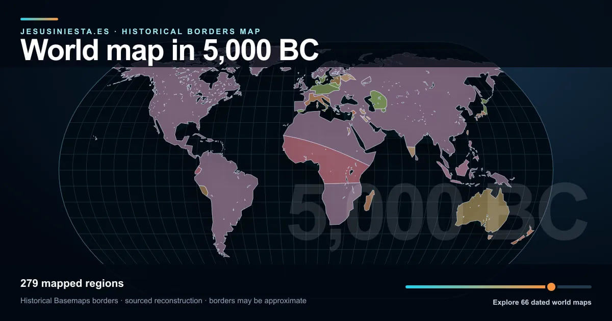 Historical world map reconstruction showing mapped regions in 5,000 BC