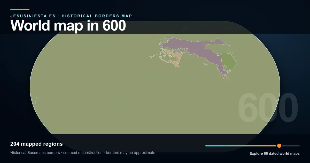 Historical world map reconstruction showing mapped regions in 600