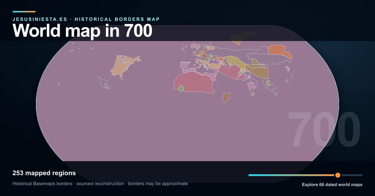 Historical world map reconstruction showing mapped regions in 700