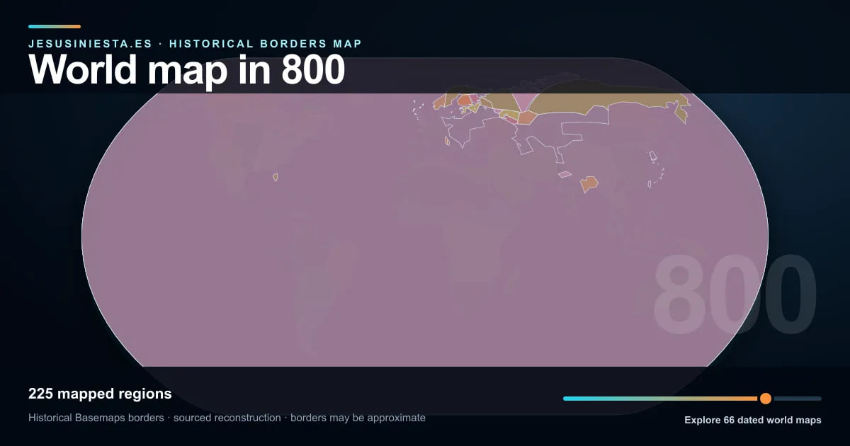 Historical world map reconstruction showing mapped regions in 800