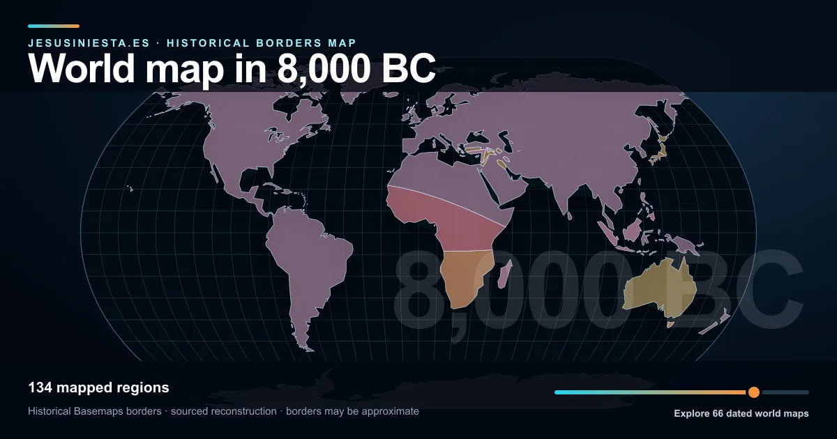 Historical world map reconstruction showing mapped regions in 8,000 BC