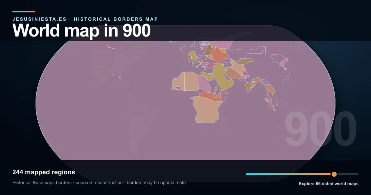 Historical world map reconstruction showing mapped regions in 900